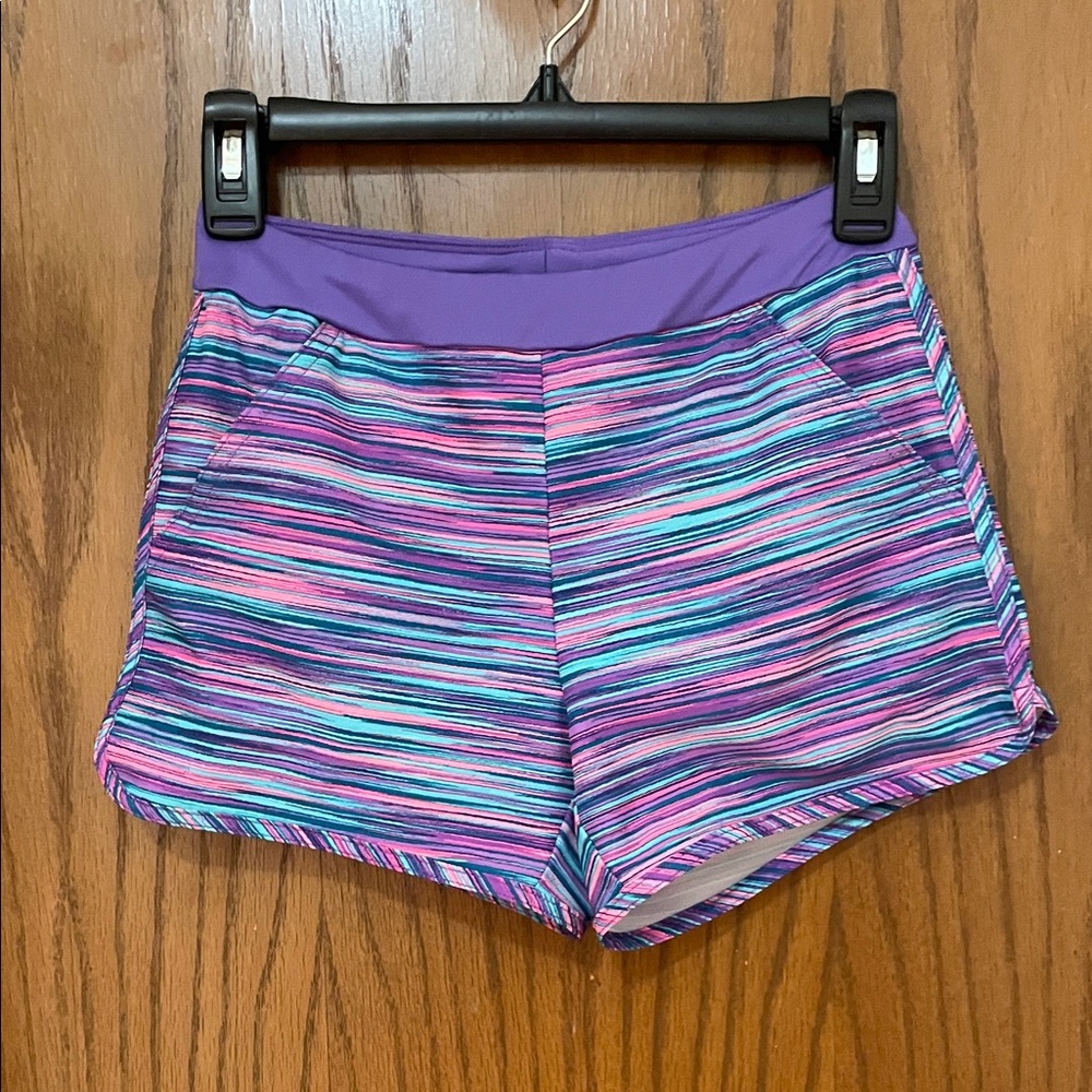 Lands' End NWOT Sz Large Purple Striped Athletic Shorts with Blue & Pink Accents